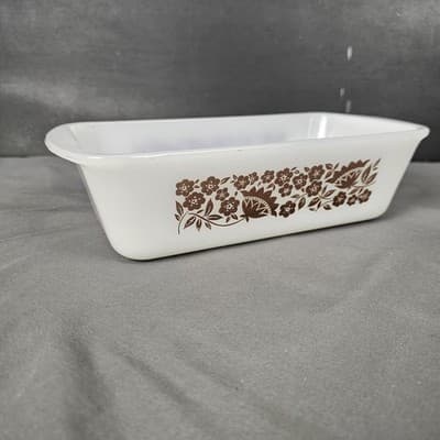 Vtg White Glasbake J522 - 1 1/2 Quart USA Loaf Pan Dish Bakeware Brown Flowers - Thumbnail 4