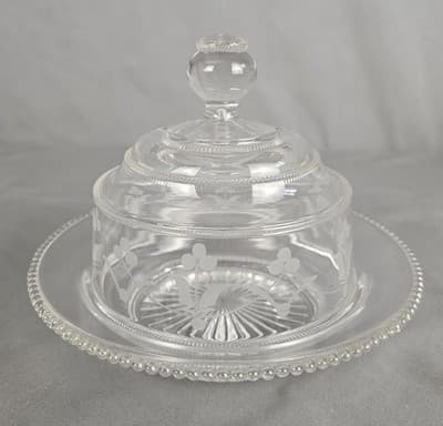 Vintage Clear Glass Butter Cheese Dish with Dome Lid Etched Floral Beaded Edge - Thumbnail 2