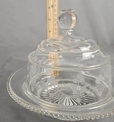 Vintage Clear Glass Butter Cheese Dish with Dome Lid Etched Floral Beaded Edge - Thumbnail 14