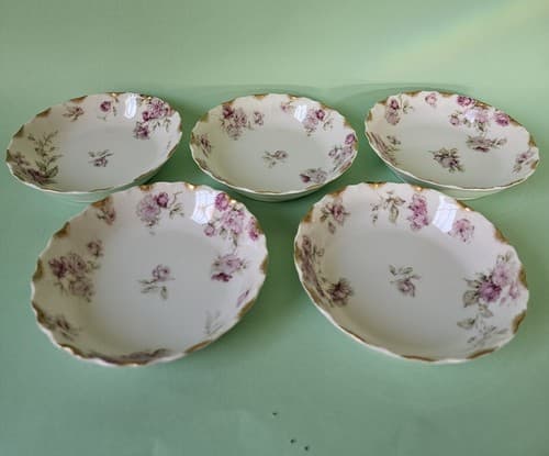 Haviland Limoges Bowls Berry Sauce 5 pc Dishes Roses Schleiger Gold France Fruit - Thumbnail 2