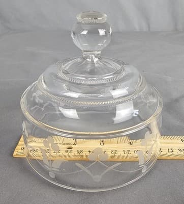 Vintage Clear Glass Butter Cheese Dish with Dome Lid Etched Floral Beaded Edge - Thumbnail 10