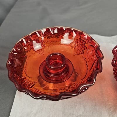 Amberina Red Harvest Grape Tapered Candle Dishes (Set of 2) 4.75 Dia. - Thumbnail 4