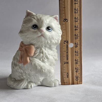 Homco White Persian Furry Figurine Pink Bow Cat Kitten #1428 - Thumbnail 9
