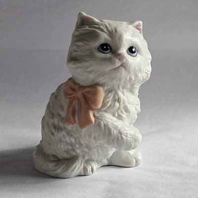 Homco White Persian Furry Figurine Pink Bow Cat Kitten #1428 - Thumbnail 2