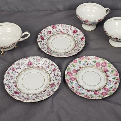 Vintage Tea Party Teacups & Saucers 3 Sets – Floral Iridescent Gold - Thumbnail 5
