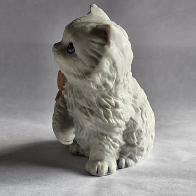 Homco White Persian Furry Figurine Pink Bow Cat Kitten #1428 - Thumbnail 4