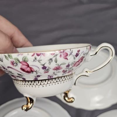 Vintage Tea Party Teacups & Saucers 3 Sets – Floral Iridescent Gold - Thumbnail 11