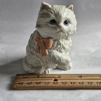 Homco White Persian Furry Figurine Pink Bow Cat Kitten #1428 - Thumbnail 8