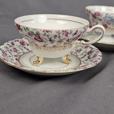 Vintage Tea Party Teacups & Saucers 3 Sets – Floral Iridescent Gold - Thumbnail 2