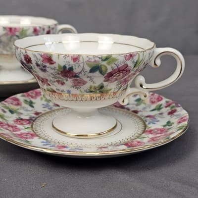 Vintage Tea Party Teacups & Saucers 3 Sets – Floral Iridescent Gold - Thumbnail 3