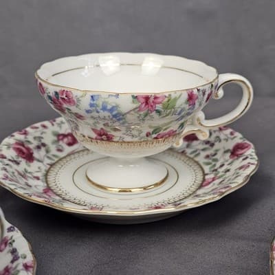 Vintage Tea Party Teacups & Saucers 3 Sets – Floral Iridescent Gold - Thumbnail 4