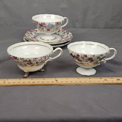Vintage Tea Party Teacups & Saucers 3 Sets – Floral Iridescent Gold - Thumbnail 13
