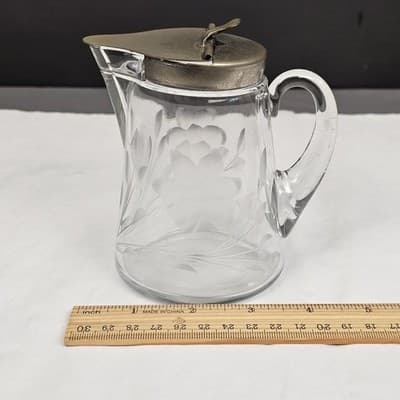 VTG Heisey Earnshaw Sanitary Syrup Pitcher Spring Loaded Lid Etched Floral - Thumbnail 14