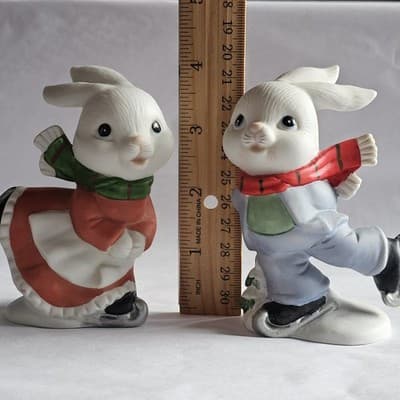 Vtg Home Interiors Homco 2 Bunny Rabbits Ice Skating Boy & Girl 5305 Snow Bunny - Thumbnail 8