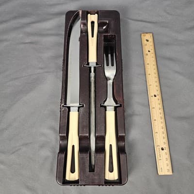 Stanley Deluxe MCM Carving Set Knife Fork Bakelite Block Vintage - Thumbnail 6