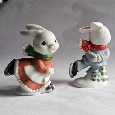Vtg Home Interiors Homco 2 Bunny Rabbits Ice Skating Boy & Girl 5305 Snow Bunny - Thumbnail 3
