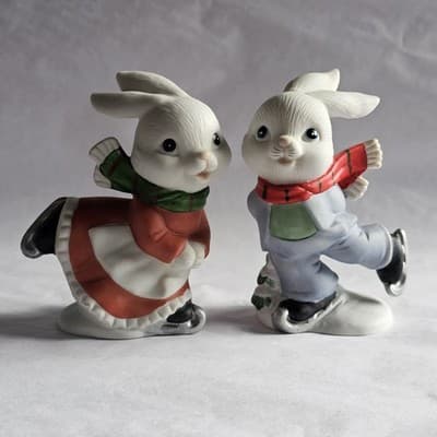 Vtg Home Interiors Homco 2 Bunny Rabbits Ice Skating Boy & Girl 5305 Snow Bunny - Thumbnail 2