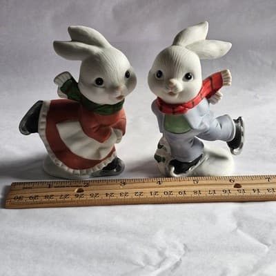 Vtg Home Interiors Homco 2 Bunny Rabbits Ice Skating Boy & Girl 5305 Snow Bunny - Thumbnail 7