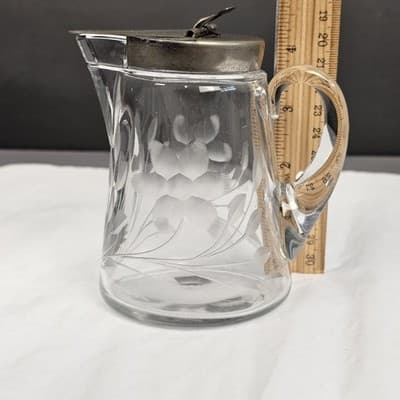 VTG Heisey Earnshaw Sanitary Syrup Pitcher Spring Loaded Lid Etched Floral - Thumbnail 15