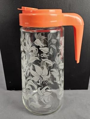 VTG Tang Drink Anchor Hocking Pitcher Clear Glass Etched Lily Orange Lid 1 Qt - Thumbnail 2