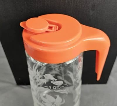 VTG Tang Drink Anchor Hocking Pitcher Clear Glass Etched Lily Orange Lid 1 Qt - Thumbnail 3