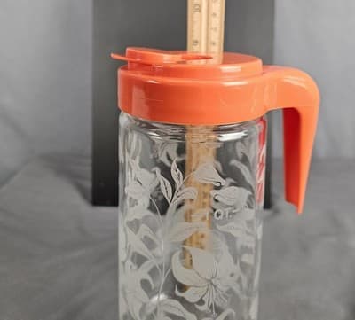 VTG Tang Drink Anchor Hocking Pitcher Clear Glass Etched Lily Orange Lid 1 Qt - Thumbnail 11