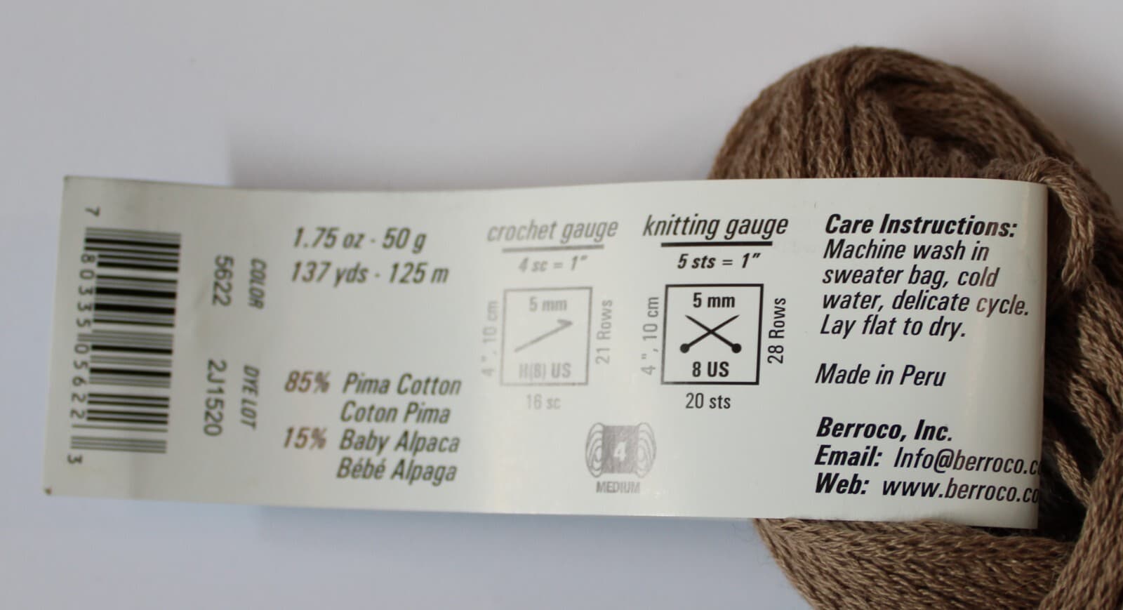 Yarn Berroco Maya 85% Pima Cotton, 15% Baby Alpaca Col:5622 Cacao - Thumbnail 2