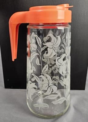 VTG Tang Drink Anchor Hocking Pitcher Clear Glass Etched Lily Orange Lid 1 Qt - Thumbnail 5