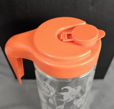 VTG Tang Drink Anchor Hocking Pitcher Clear Glass Etched Lily Orange Lid 1 Qt - Thumbnail 6