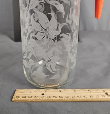 VTG Tang Drink Anchor Hocking Pitcher Clear Glass Etched Lily Orange Lid 1 Qt - Thumbnail 12
