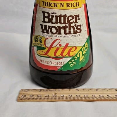 Vintage Mrs. Butterworth's Syrup Bottle Amber Glass 24 oz Plastic Cap Label 10" - Thumbnail 12