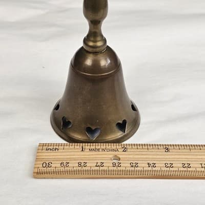 Vintage Brass Hand Bell Cutout Hearts School Dinner Bell 5 in Tall - Thumbnail 6