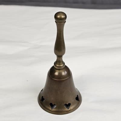 Vintage Brass Hand Bell Cutout Hearts School Dinner Bell 5 in Tall - Thumbnail 2