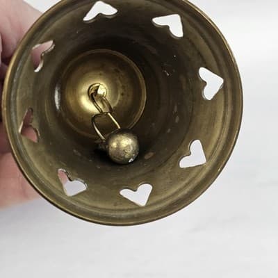 Vintage Brass Hand Bell Cutout Hearts School Dinner Bell 5 in Tall - Thumbnail 4