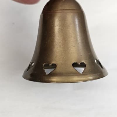 Vintage Brass Hand Bell Cutout Hearts School Dinner Bell 5 in Tall - Thumbnail 3