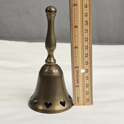 Vintage Brass Hand Bell Cutout Hearts School Dinner Bell 5 in Tall - Thumbnail 5