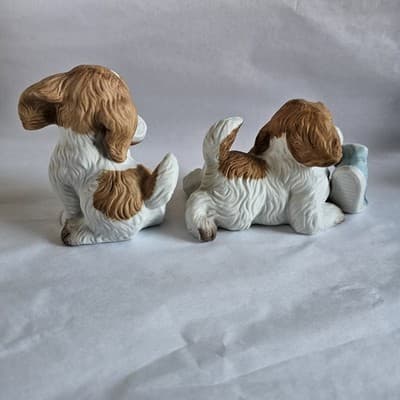 Vintage Homco Set Of 2 Puppy Dog Figurines Chewing On Sneakers #1405 White Brown - Thumbnail 6