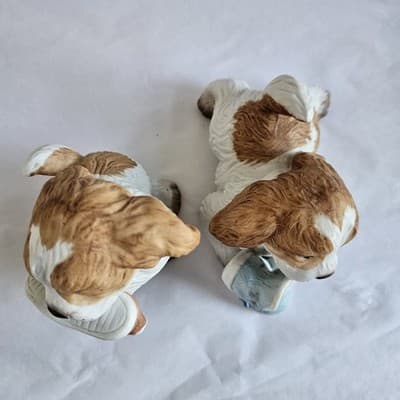 Vintage Homco Set Of 2 Puppy Dog Figurines Chewing On Sneakers #1405 White Brown - Thumbnail 5