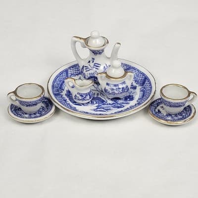 Vintage Miniature Blue Willow Blue White Ceramic Tea Set Taiwan Vtg Tiny Small - Thumbnail 9