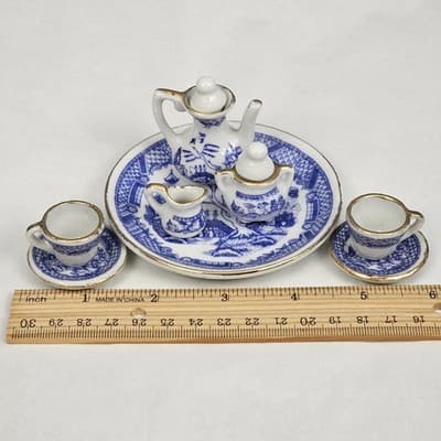Vintage Miniature Blue Willow Blue White Ceramic Tea Set Taiwan Vtg Tiny Small - Thumbnail 12