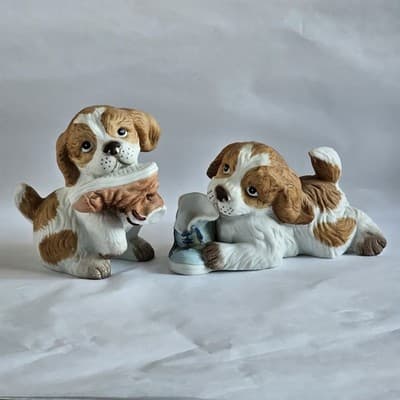 Vintage Homco Set Of 2 Puppy Dog Figurines Chewing On Sneakers #1405 White Brown - Thumbnail 2