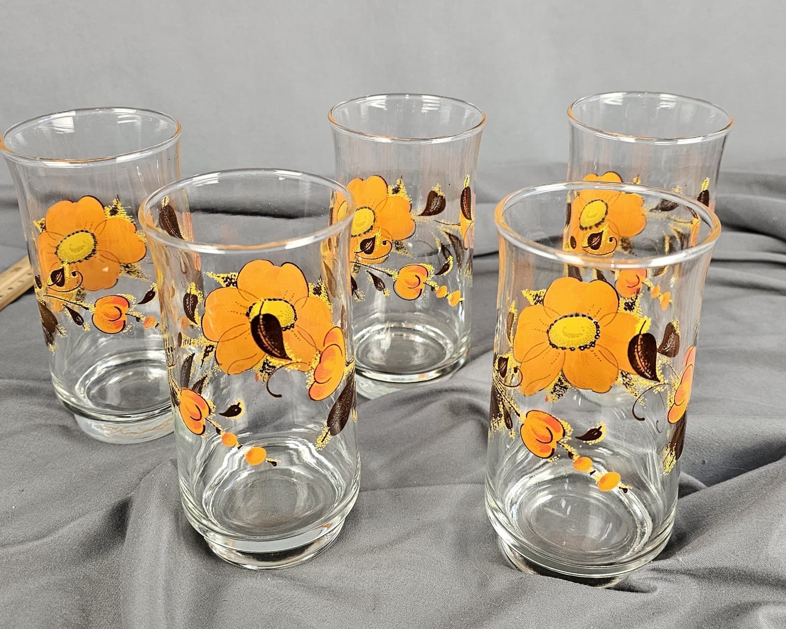 Dominion Glass Orange Poppy Flower 5.5" Tall Tumblers Set of 5 MCM - Thumbnail 7