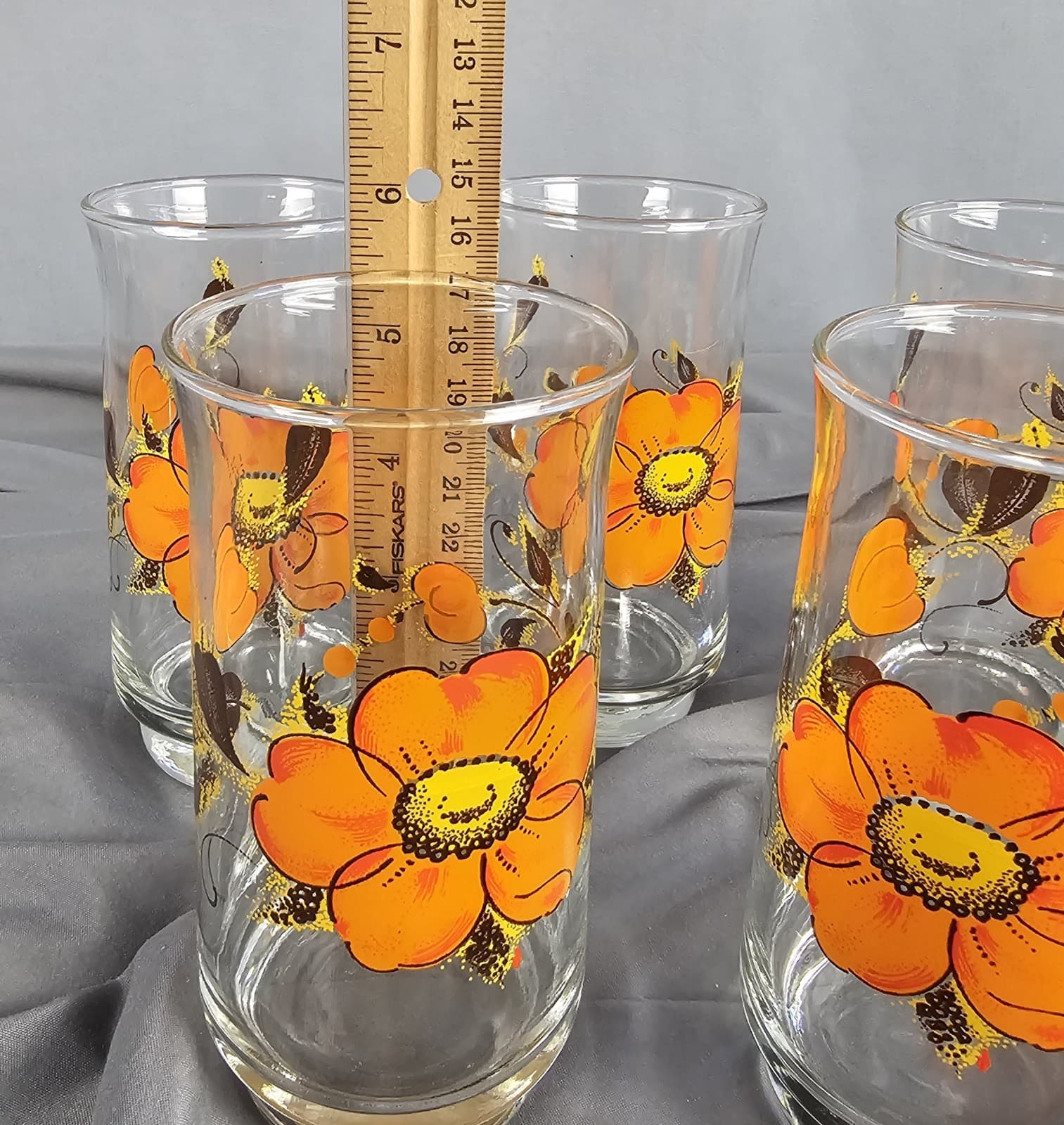 Dominion Glass Orange Poppy Flower 5.5" Tall Tumblers Set of 5 MCM - Thumbnail 4