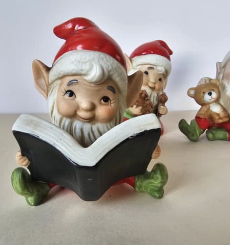 Christmas Elf Homco Set 3 Elves Porcelain Elves Lot Of 3 Toymakers Vintage Santa - Thumbnail 2
