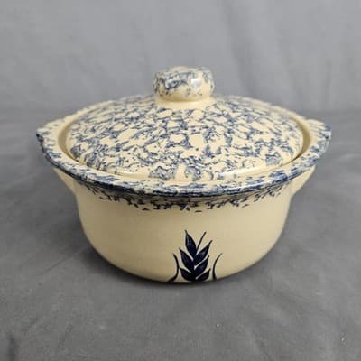 Vintage Roseville Blue Spongeware Crock + Lid Robinson Ransbottom With Handles - Thumbnail 2