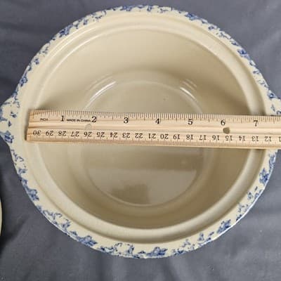 Vintage Roseville Blue Spongeware Crock + Lid Robinson Ransbottom With Handles - Thumbnail 12