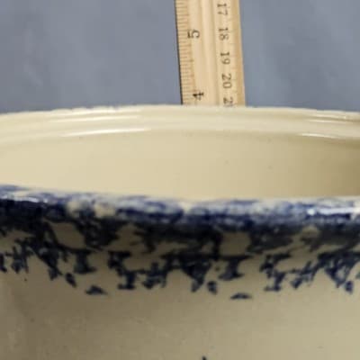 Vintage Roseville Blue Spongeware Crock + Lid Robinson Ransbottom With Handles - Thumbnail 13