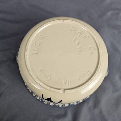 Vintage Roseville Blue Spongeware Crock + Lid Robinson Ransbottom With Handles - Thumbnail 8