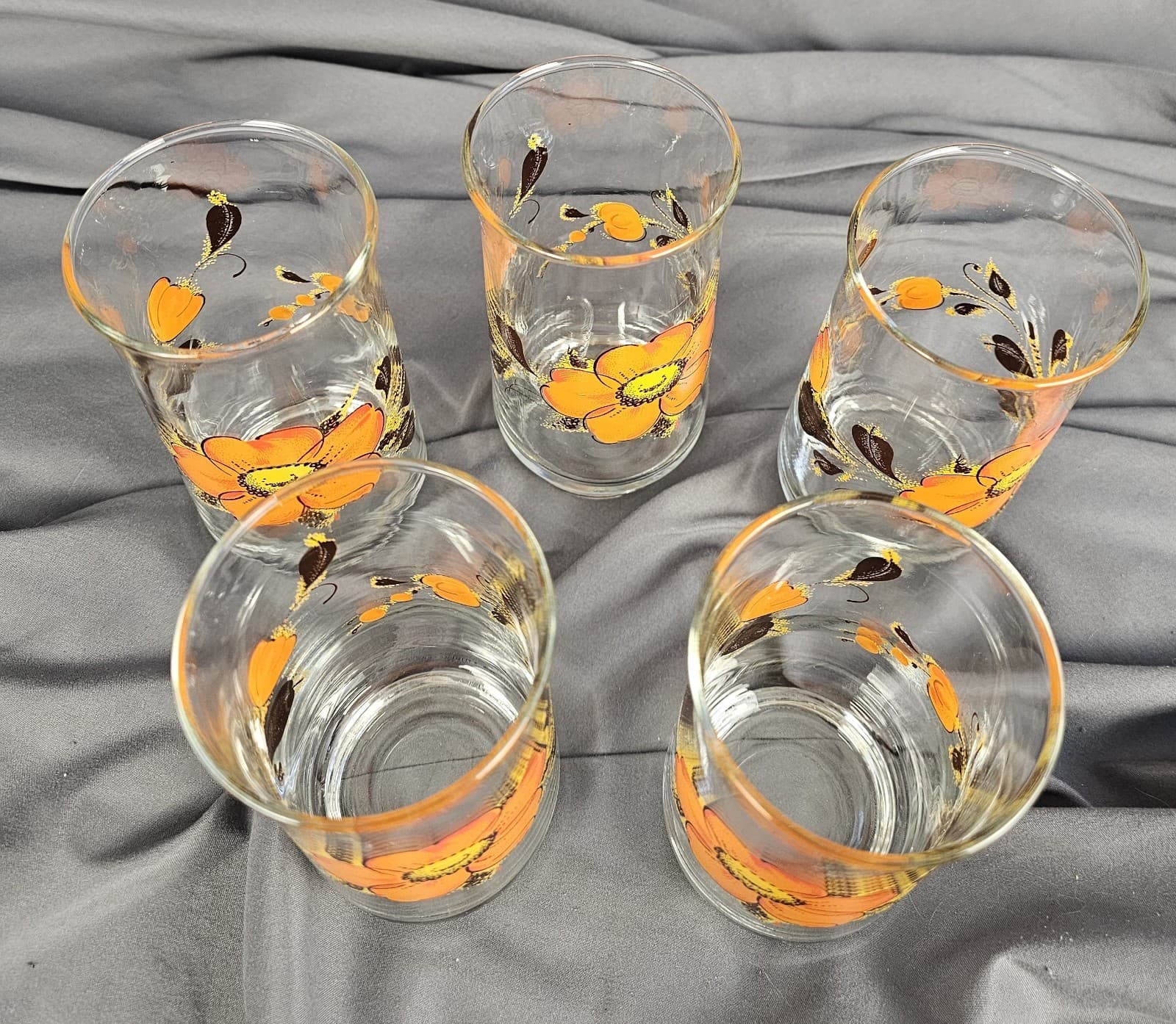 Dominion Glass Orange Poppy Flower 5.5" Tall Tumblers Set of 5 MCM - Thumbnail 3