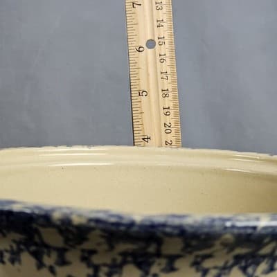 Vintage Roseville Blue Spongeware Crock + Lid Robinson Ransbottom With Handles - Thumbnail 14